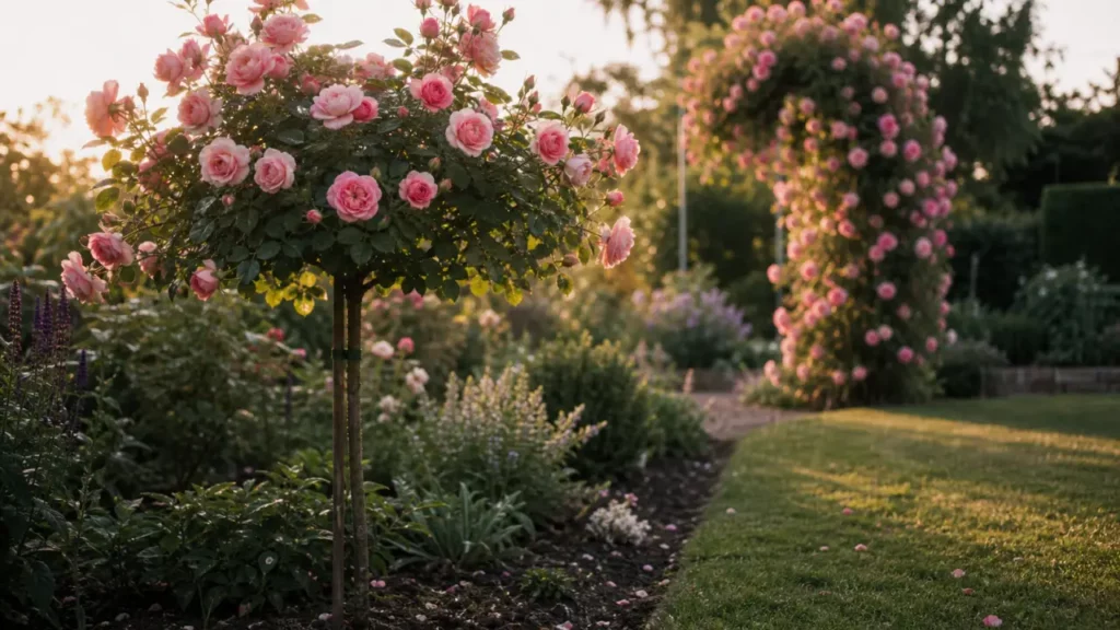 Rosier tige en boule et rosier pleureur en cascade, rosiers tiges pleureurs