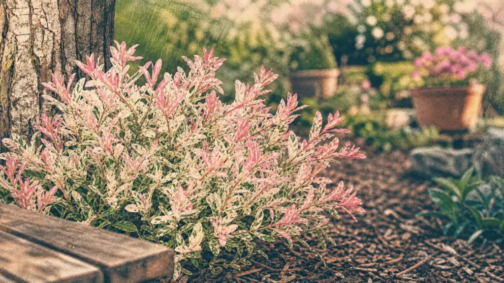Saule crevette en buisson aux jeunes pousses rose, port compact