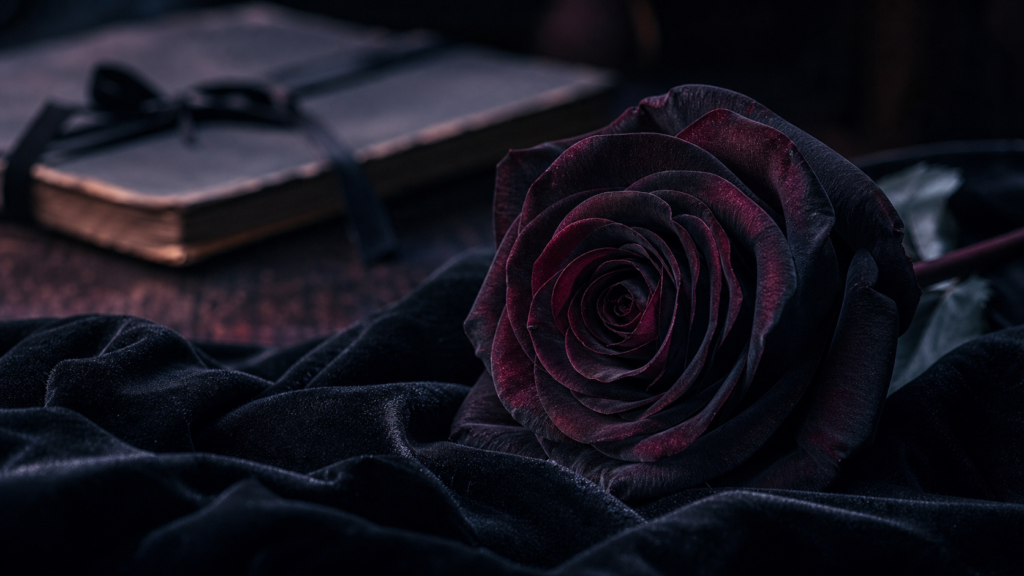 Signification rose noire : rose bordeaux sombre sur velours noir