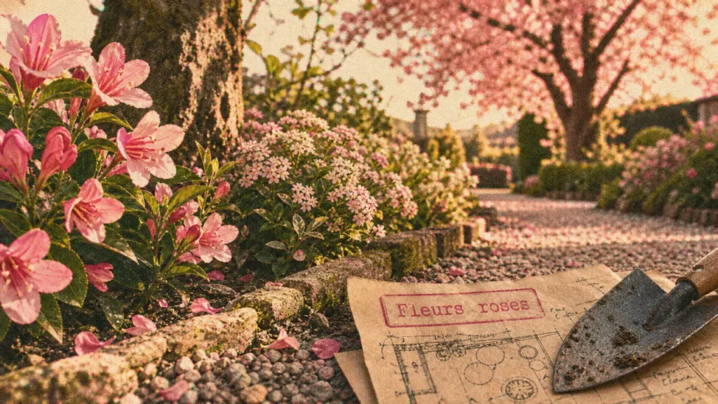 Arbre fleurs roses printemps : jardin fleuri avec arbustes roses