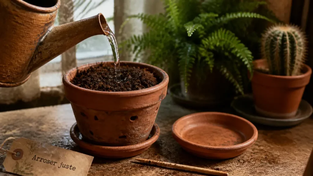 Arrosage plantes intérieur : test deux phalanges, arrosoir sur terreau