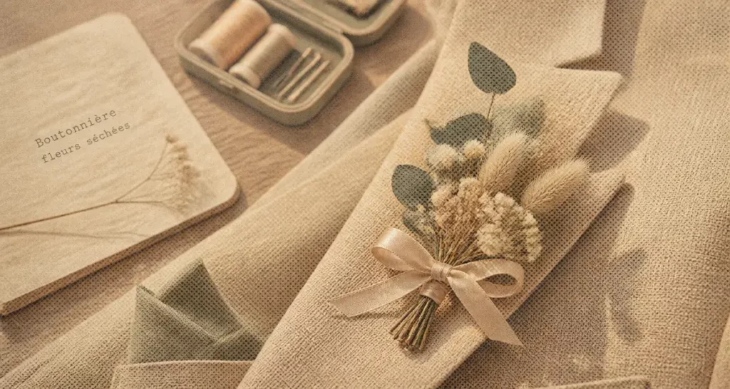 Boutonnière fleurs séchées sur costume en lin beige