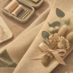 Boutonnière fleurs séchées sur costume en lin beige
