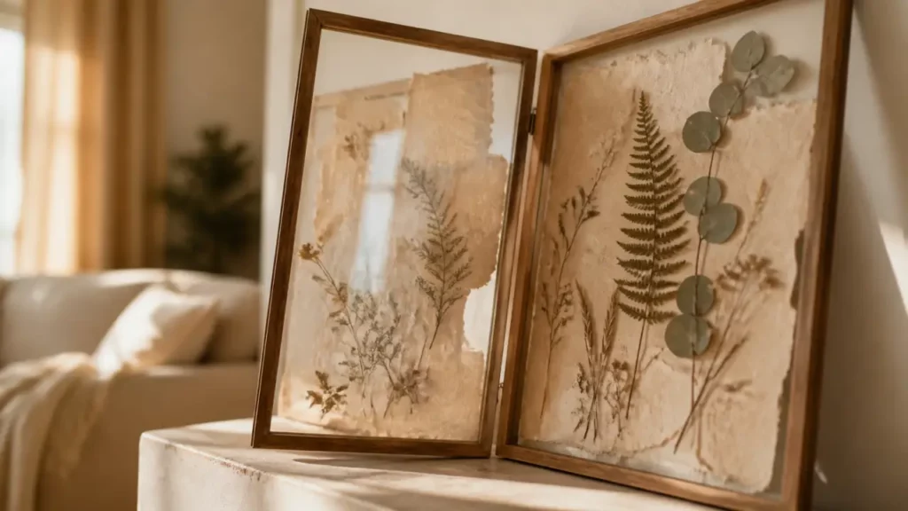 Cadre fleurs séchées sous verre, herbier floral mural