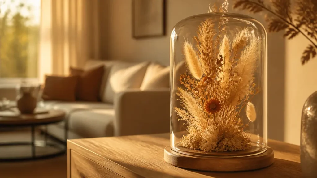 Cloche fleurs séchées sur console bois, fleurs et graminées séchées