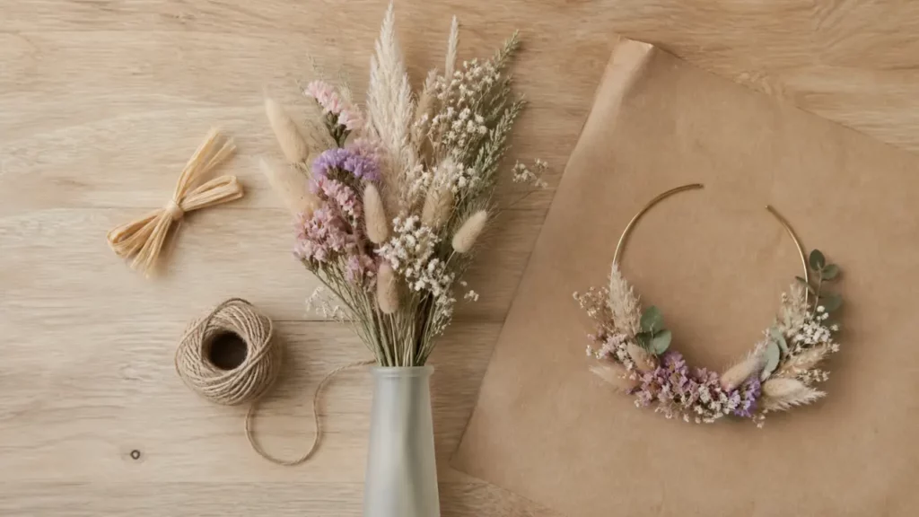 Composition fleurs séchées : bouquet et couronne en fleurs séchées