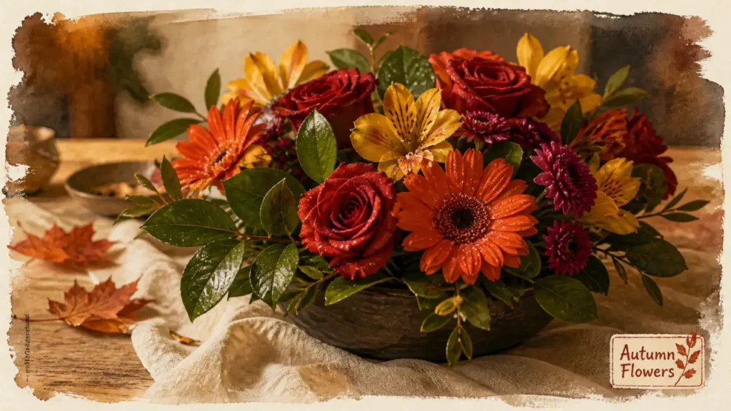 Composition florale automne aux couleurs chaudes, fleurs résistantes et livraison rapide