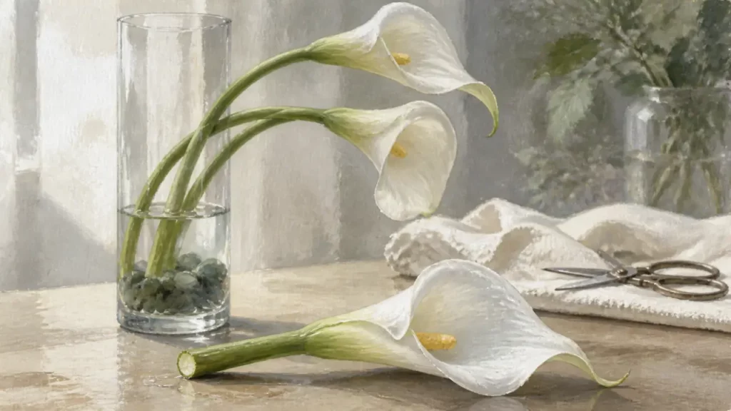 Composition florale avec arum blancs en vase étroit, tiges arquées et gouttes d’eau