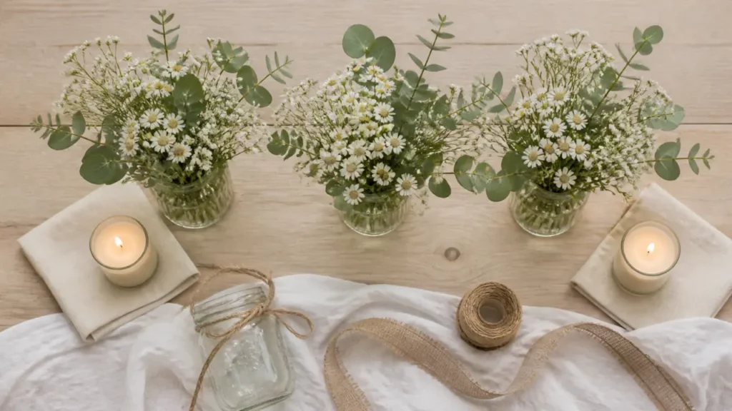 Composition florale centre de table pas cher : fleurs et bougies, style DIY en budget
