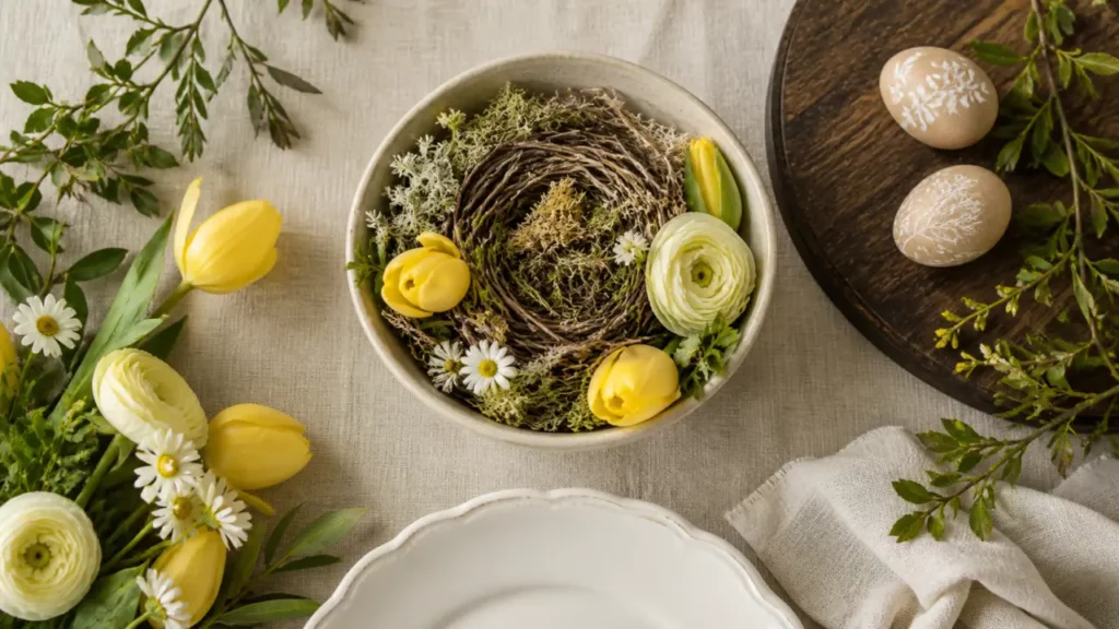 Composition florale paques : centre de table avec tulipes et œufs décoratifs