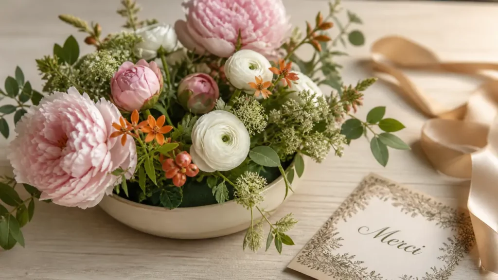 Composition florale pivoines roses et renoncules blanches sur fond crème