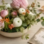 Composition florale pivoines roses et renoncules blanches sur fond crème