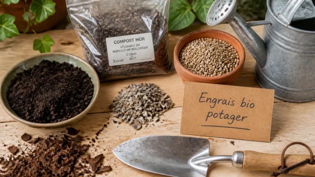 Engrais bio potager : compost, corne broyée et engrais granulaire au potager