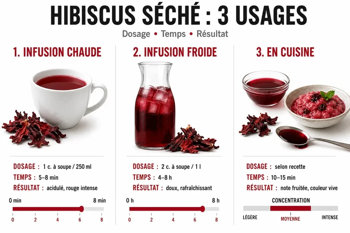 Fleurs d'hibiscus séchées : comparaison entre infusion chaude, infusion froide et usage en cuisine