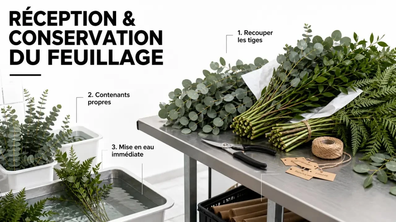 Préparation et conservation du feuillage pour composition florale dans un atelier floral