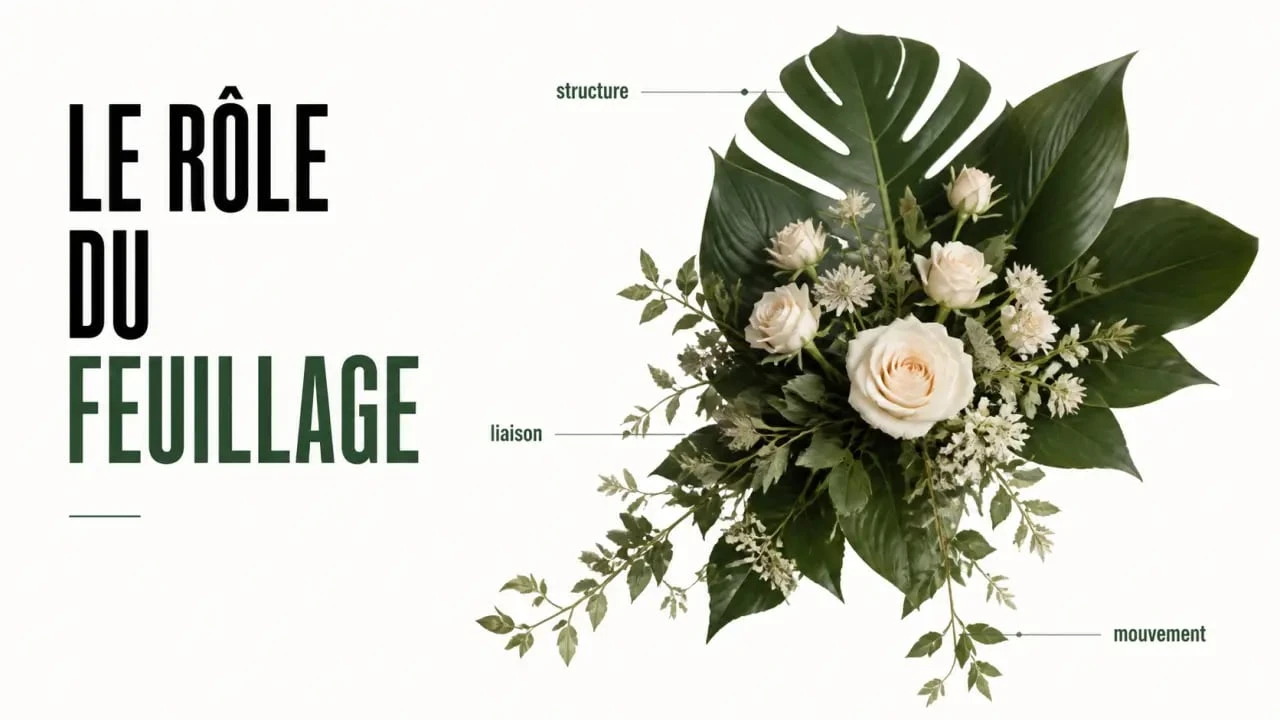 Feuillage pour composition florale dans un bouquet contemporain avec feuillage de structure et feuillage souple