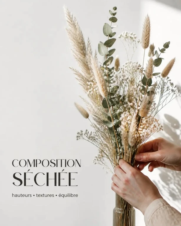 Composition fleurs séchées en cours d’assemblage dans un vase étroit avec lagurus, gypsophile et pampa