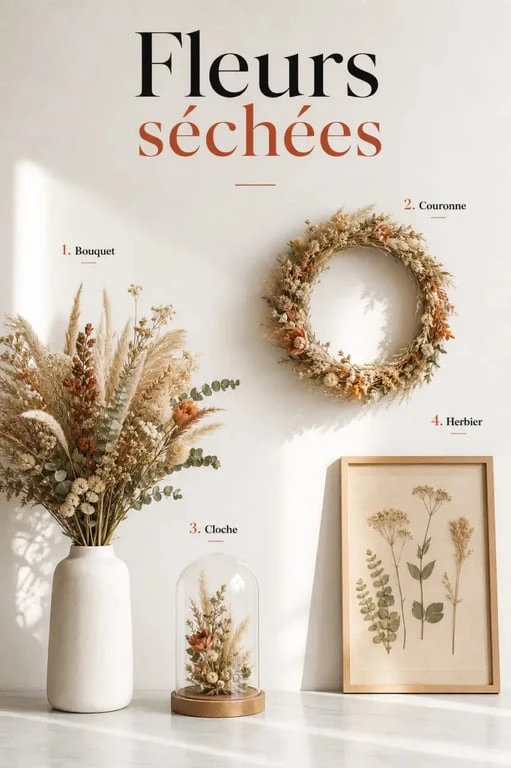 Composition fleurs séchées en bouquet, couronne murale, cloche en verre et herbier sous cadre dans un intérieur élégant