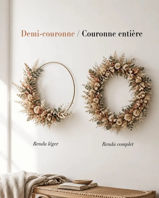 Couronne fleurs séchées en demi-couronne et couronne entière dans un intérieur décoratif