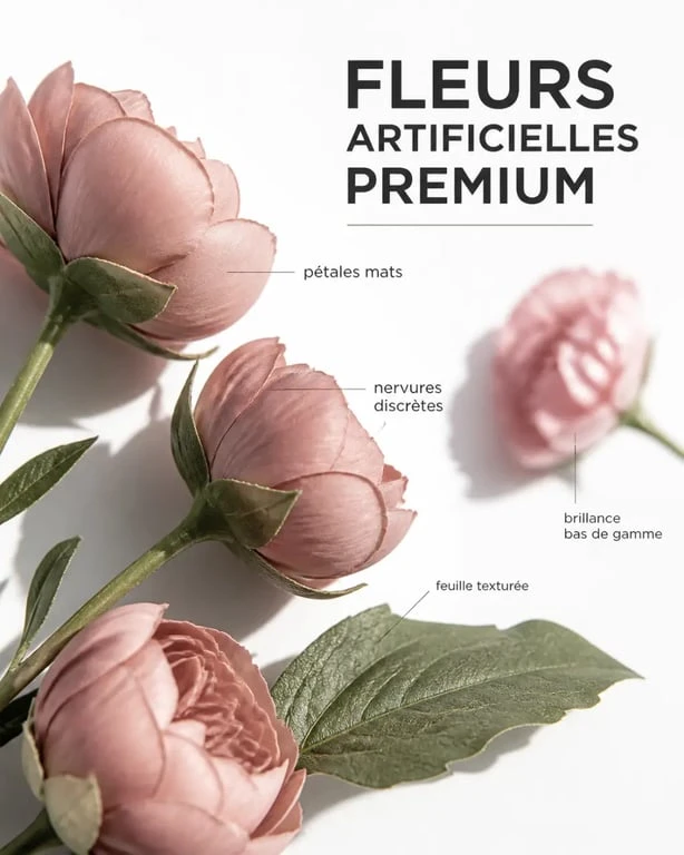 Détail de fleurs artificielles comme des vraies avec pétales mats et finition réaliste