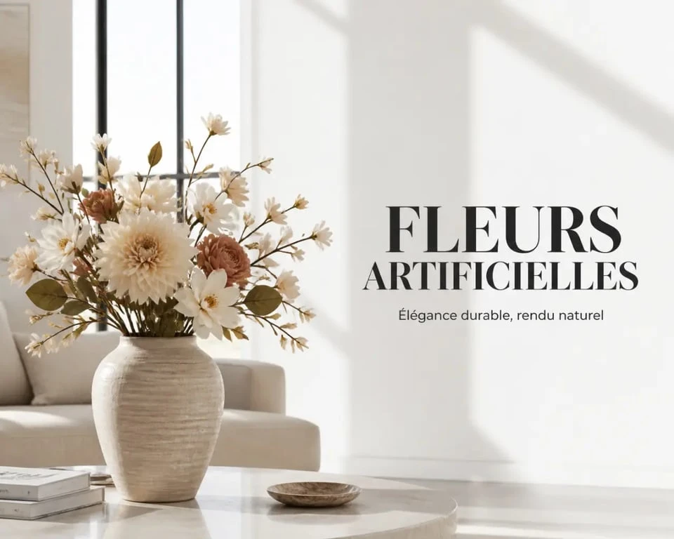 Fleurs artificielles comme des vraies dans un vase céramique texturé, intérieur lumineux