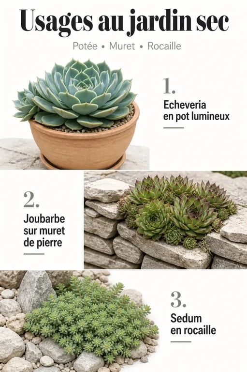 Plantes grasses artichauts en pot, sur muret et en rocaille