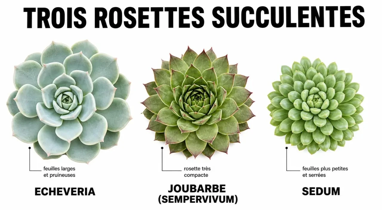 Comparaison des plantes grasses artichauts avec echeveria, joubarbe et sedum en rosette