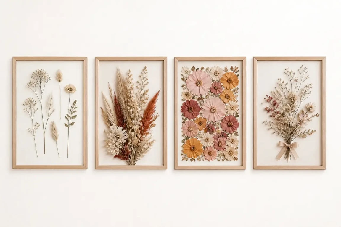 Cadre fleurs séchées présenté en plusieurs styles décoratifs sur fond sobre