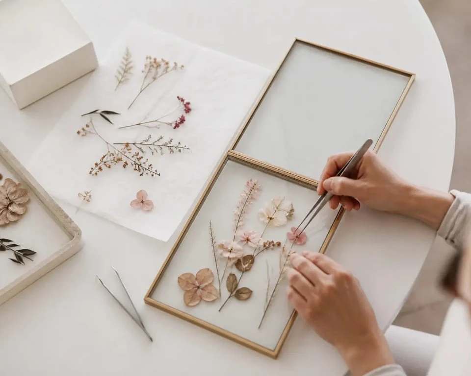 Atelier DIY de cadre fleurs séchées avec fleurs pressées et cadre sous verre