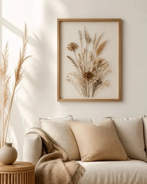 Cadre fleurs séchées dans un salon bohème lumineux avec matières naturelles
