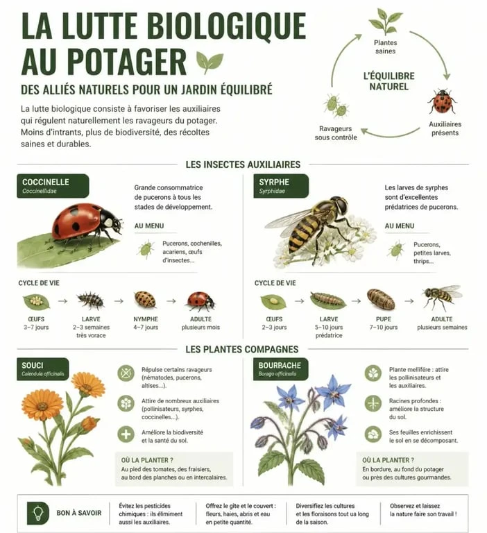 Infographie sur la lutte biologique et les auxiliaires au potager bio de provence