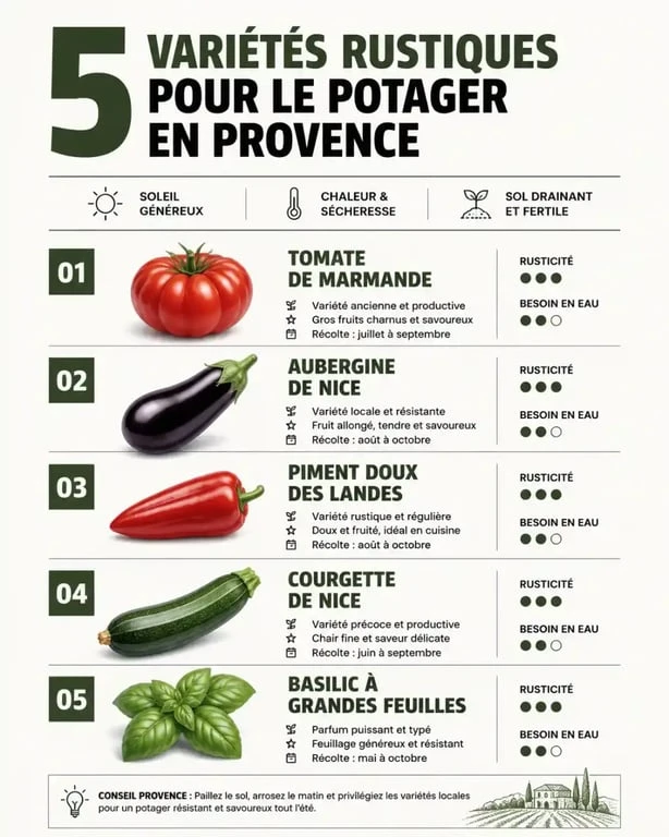 Infographie des 5 variétés rustiques pour un potager bio de provence