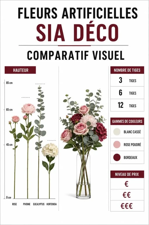 Fleurs artificielles Sia comparées en tiges, compositions et prix