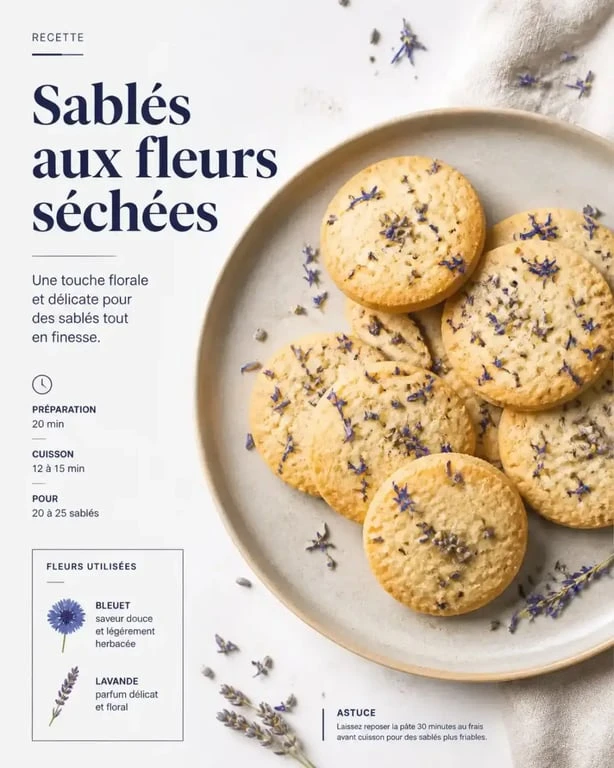Sablés gourmands aux fleurs séchées comestibles, pétales de bleuet et lavande