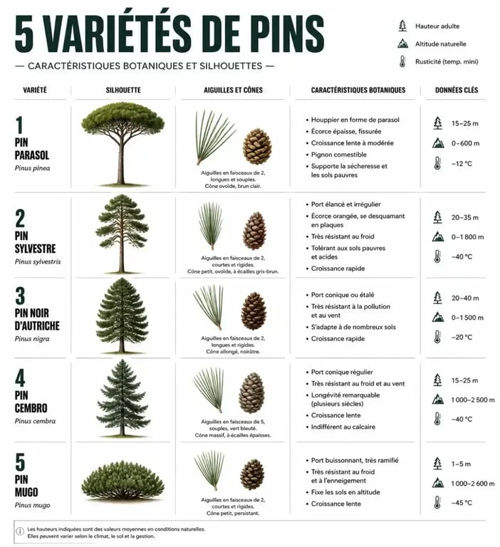 Infographie comparative des différentes variétés de pins arbre pour le jardin