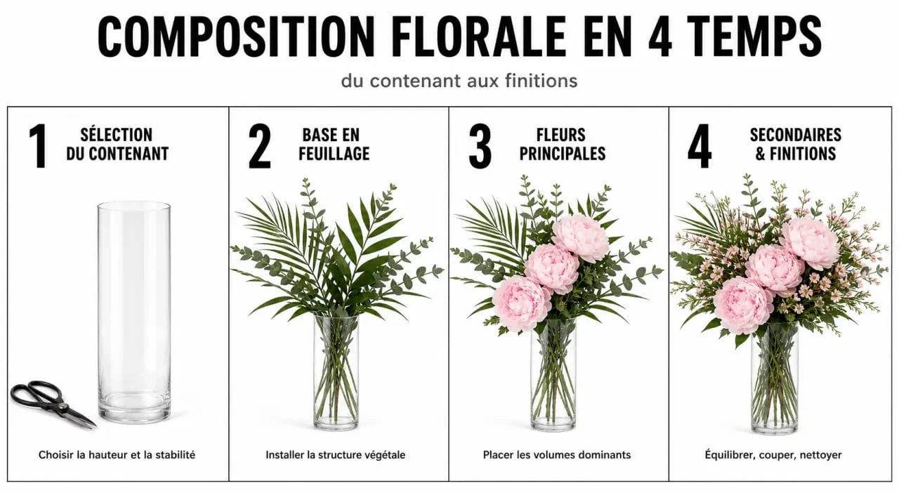 Modèle de composition florale en 4 étapes avec le contenant, la base en feuillage, les fleurs principales et les finitions