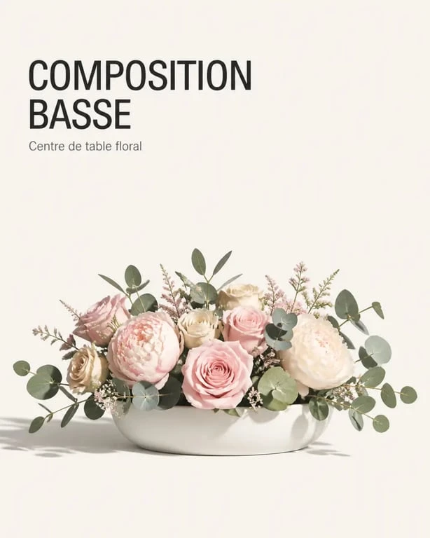 Modèle de composition florale basse pour centre de table avec fleurs roses, pivoines et feuillage d’eucalyptus