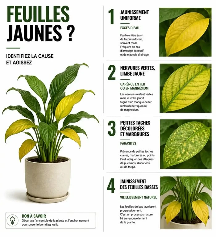 Carence jaunissement des feuilles plantes d’intérieur : tableau visuel des causes sur une plante en pot