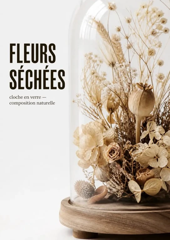Gros plan d'une cloche fleurs séchées avec textures et socle en bois