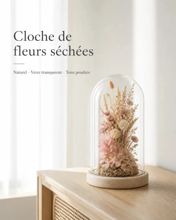 Cloche fleurs séchées posée sur une console en bois dans un intérieur lumineux
