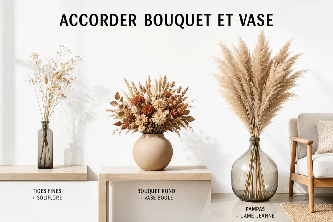 Vase fleurs séchées : trois associations de vases et bouquets pour visualiser la bonne forme selon la taille