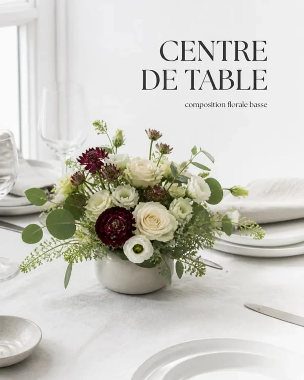 Petite composition florale pour table sur une table de dîner, basse et élégante