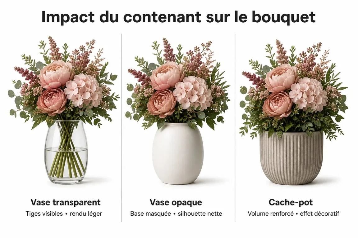 Comparatif de bouquet fleurs artificielles dans différents vases et cache-pots