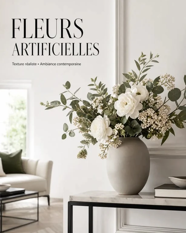 Bouquet fleurs artificielles réaliste dans un salon contemporain avec vase en céramique