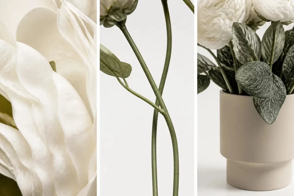 Détails de composition fleurs artificielles avec matières et tiges modelables