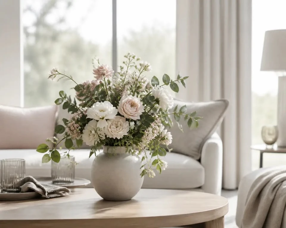 Composition fleurs artificielles haut de gamme dans un salon lumineux