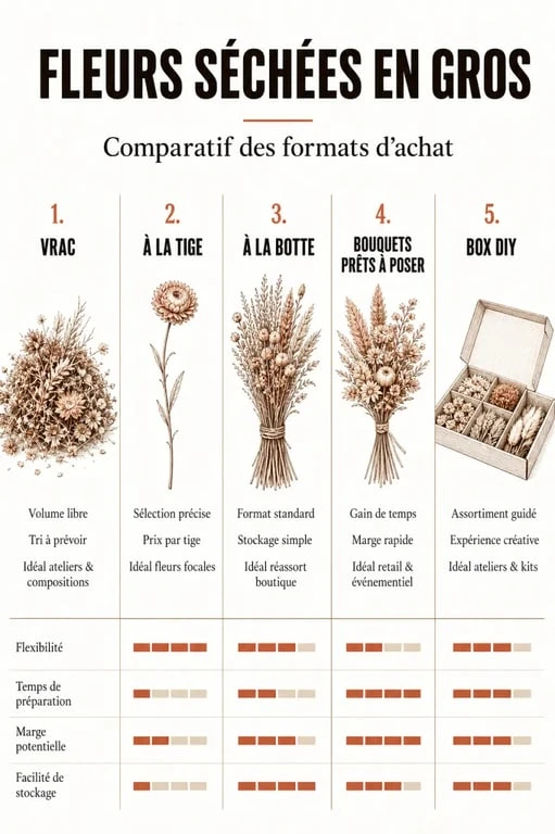 Comparatif des formats chez un grossiste fleurs séchées pour acheter en vrac, à la botte ou en bouquets prêts à poser