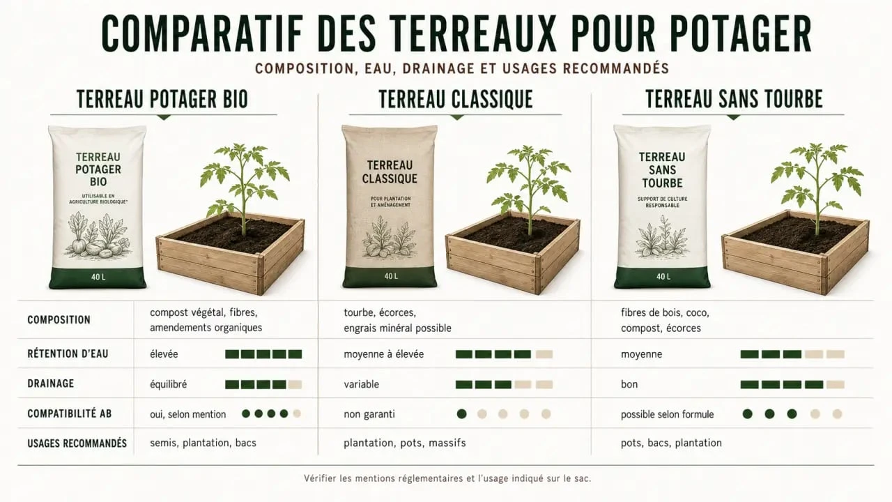 Comparatif terreau potager bio, terreau classique et terreau sans tourbe en visuel éditorial
