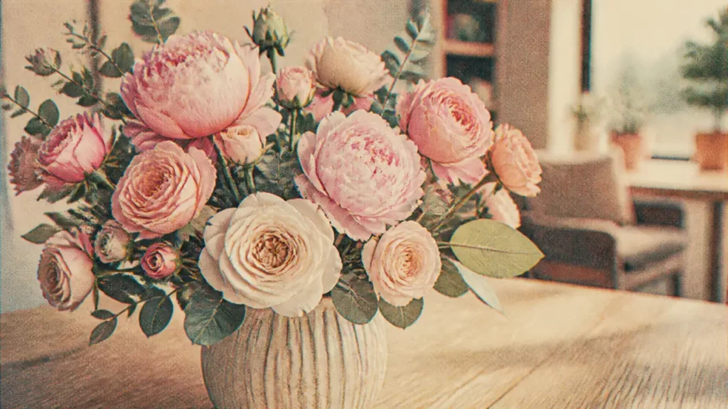 Fleurs artificielles comme des vraies, bouquet haut de gamme en vase beige