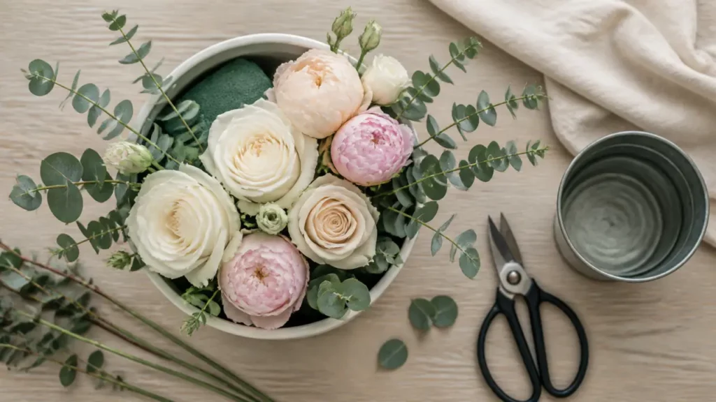 Modèle de composition florale 2/3-1/3 : roses, pivoines et eucalyptus dans un contenant en céramique